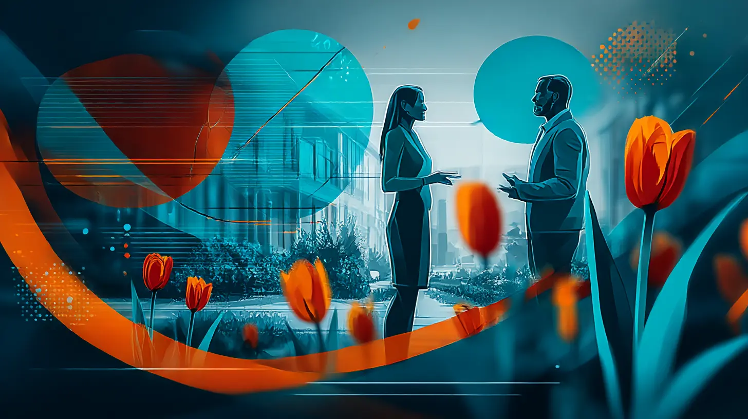 Geschäftspersonen im Dialog mit Tulpen-Metapher - Kritikfähigkeit als Führungsstärke